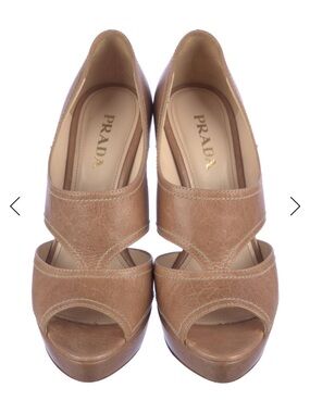 Prada Cognac Leather Peep-Toe Platform Heels